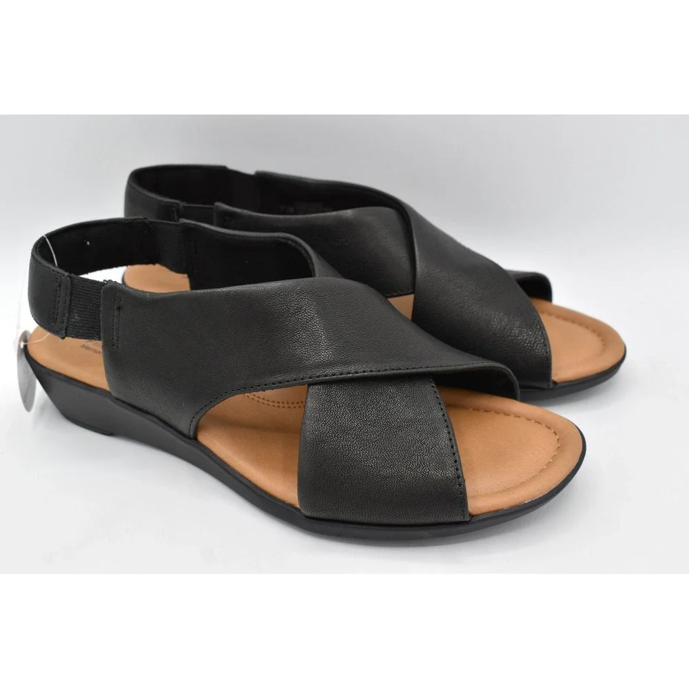 Comfortiva Womens 8.5 Emilee Black Leather Stretch Slingback Wedge Sandals Shoes